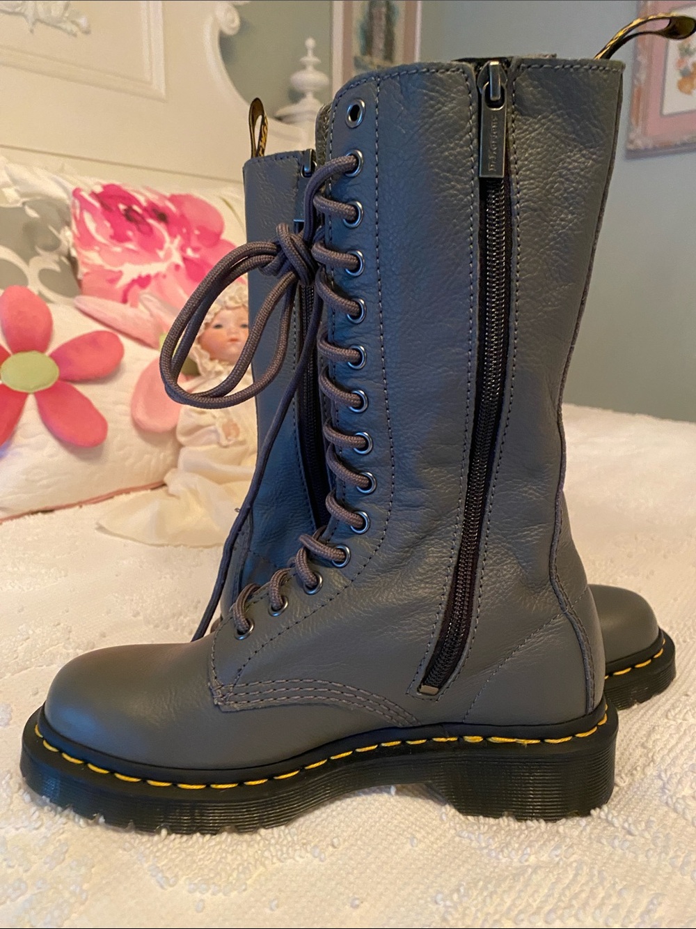 Dr. Martens Gray Tall Lace-Up Combat Boots - Picture 6 of 16